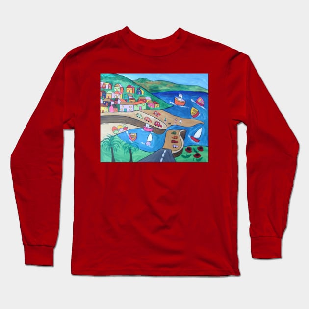 Naive painting of Mousehole Harbour Long Sleeve T-Shirt by Casimirasquirkyart